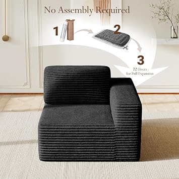 Vesgantti Modular Sectional Right-Arm Chair, Corduroy Couch Module, Black | Modular Design, Flexible Layout, Deep Seat, Cloud Comfort, Boneless Sofa, 35D Foam, Pocket Springs, No Assembly