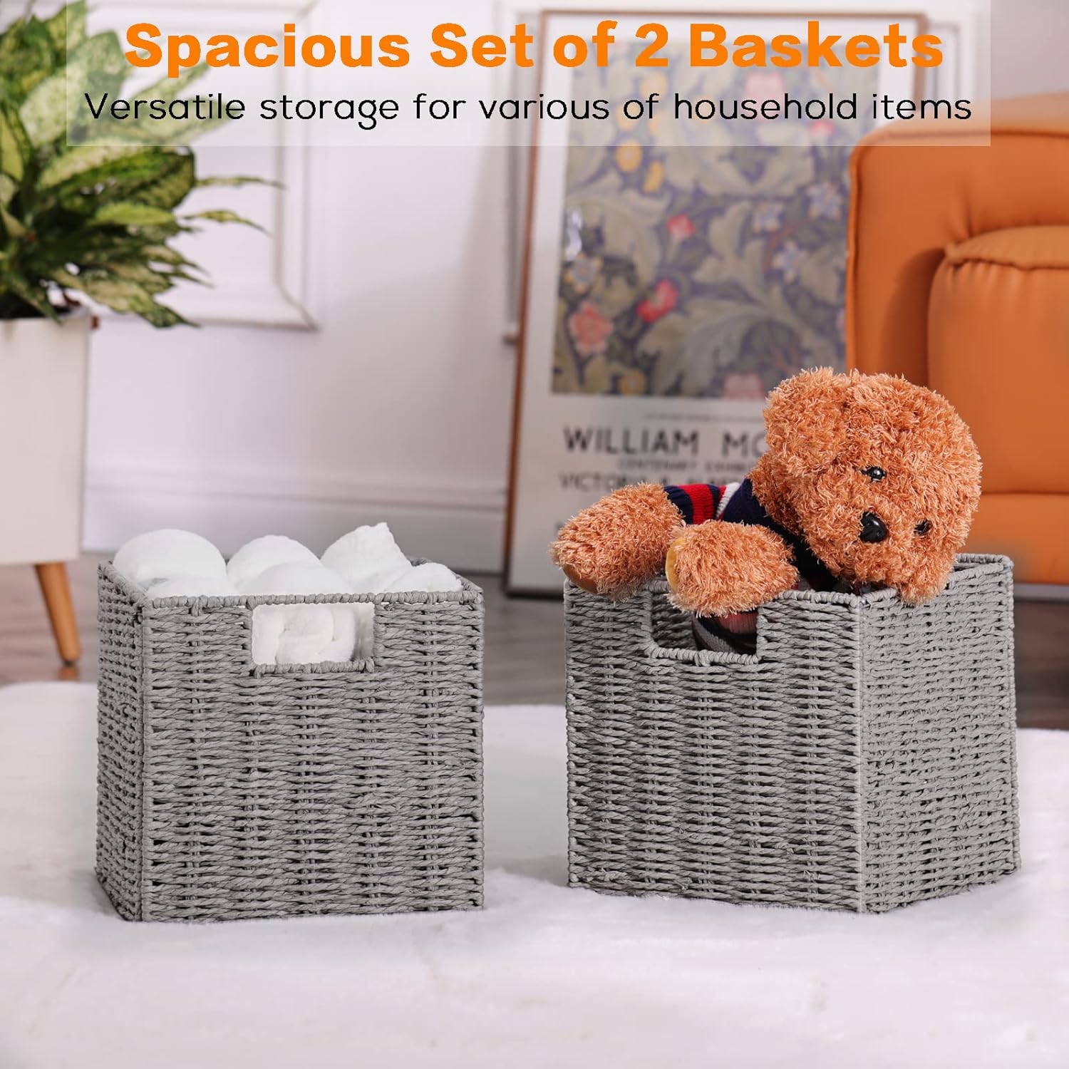 Gray 9" Square Hand-Woven Wicker Storage Baskets, Set of 2