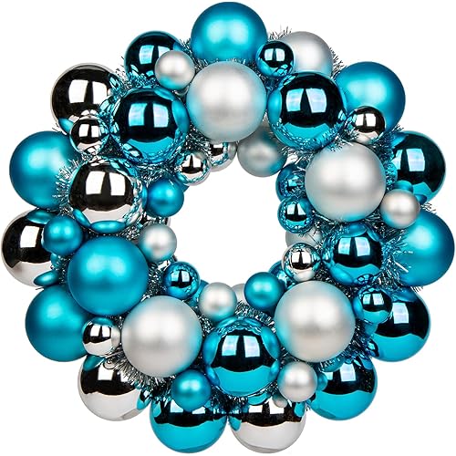 Christmas Ball Wreath 13" Xmas Wreaths Ornaments Glitter Thicken Shatterproof Garland Decoration for Door Wall Mantel Holiday Party Decor, Baby Blue & Silver