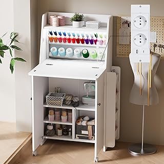 LED Nähtisch klappbar mit 33-Fach Garnhalter & 2 Steckdosen, USB+Typ-C Nähmaschinenschrank mit viel Stauraum, Mobiler Nähmaschinentisch auf Rollen, Platzsparender Basteltisch für Nähzubehör