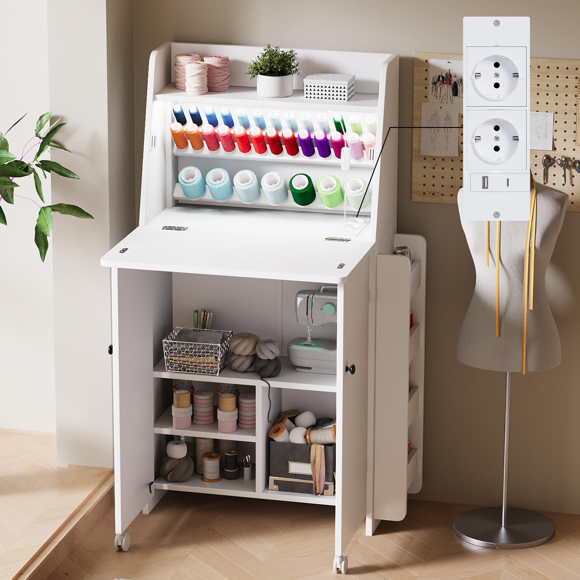 LED Nähtisch klappbar mit 33-Fach Garnhalter & 2 Steckdosen, USB+Typ-C Nähmaschinenschrank mit viel Stauraum, Mobiler Nähmaschinentisch auf Rollen, Platzsparender Basteltisch für Nähzubehör