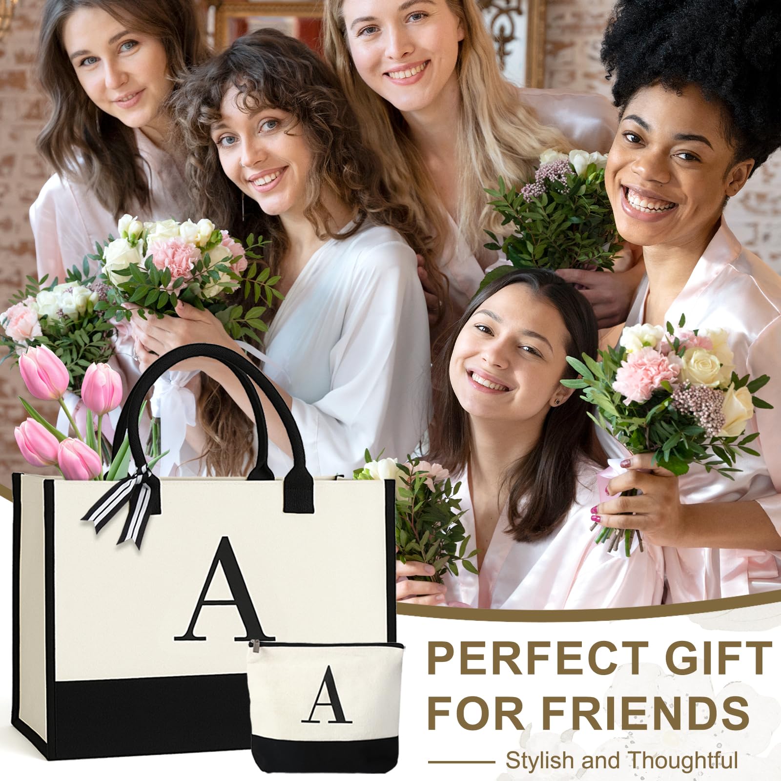 Personalized Canvas Tote Bag for Women Makeup Pouch Initial Beach Bag Removable Bottom Board for Travel Birthday