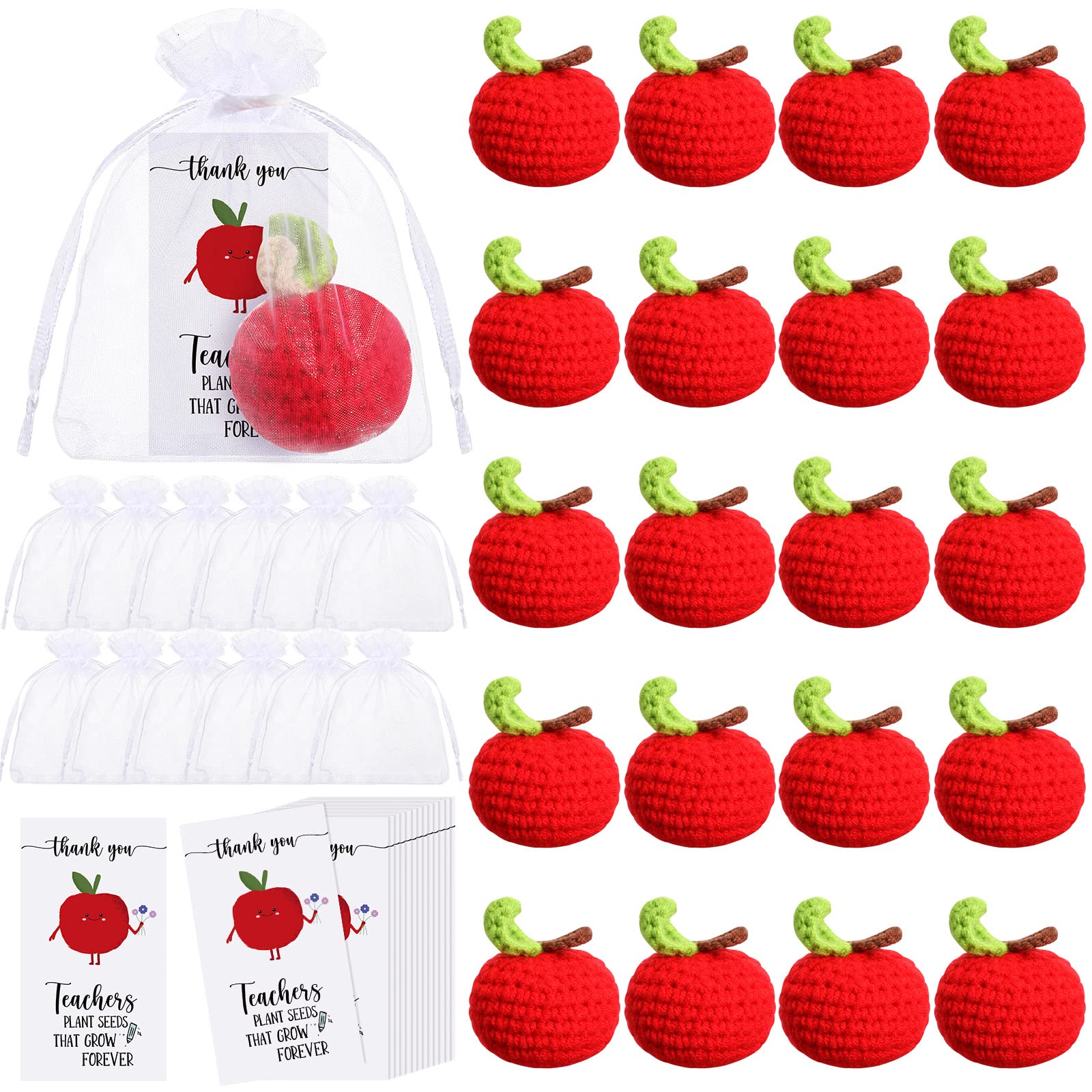 Sratte 20 Pack End of Year Teacher Gift Crochet Apple Thank You Card Set, Graduation Teacher Appreciation Gifts Red Knitted Apple Funny Greeting Card