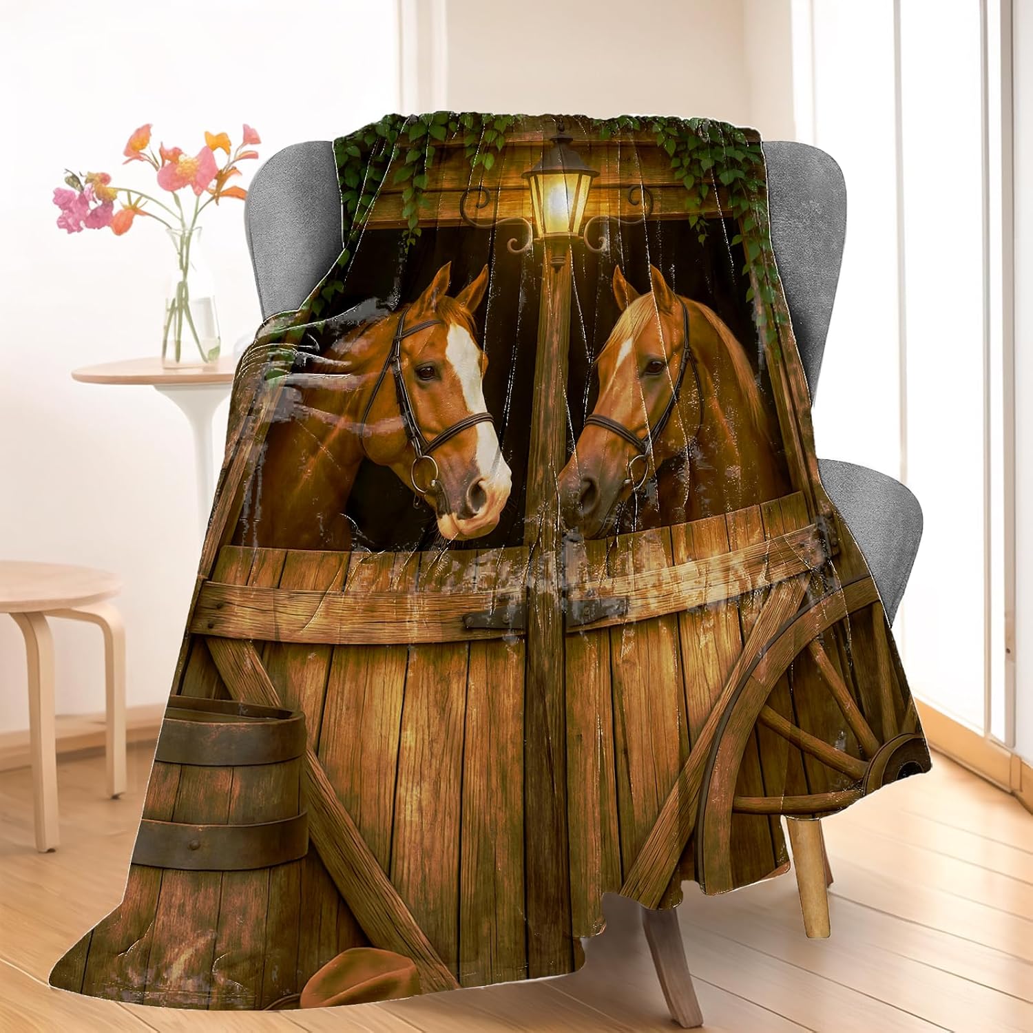 Horse Barn Blanket, Comfy & Warm Flannel Two Horses in Rustic Stable Throw Blanket for Couch, Gifts for Women Kids Adults, Soft Fuzzy Lightweight Travel Bed Blankets for Decor 50"×60" - Image 2