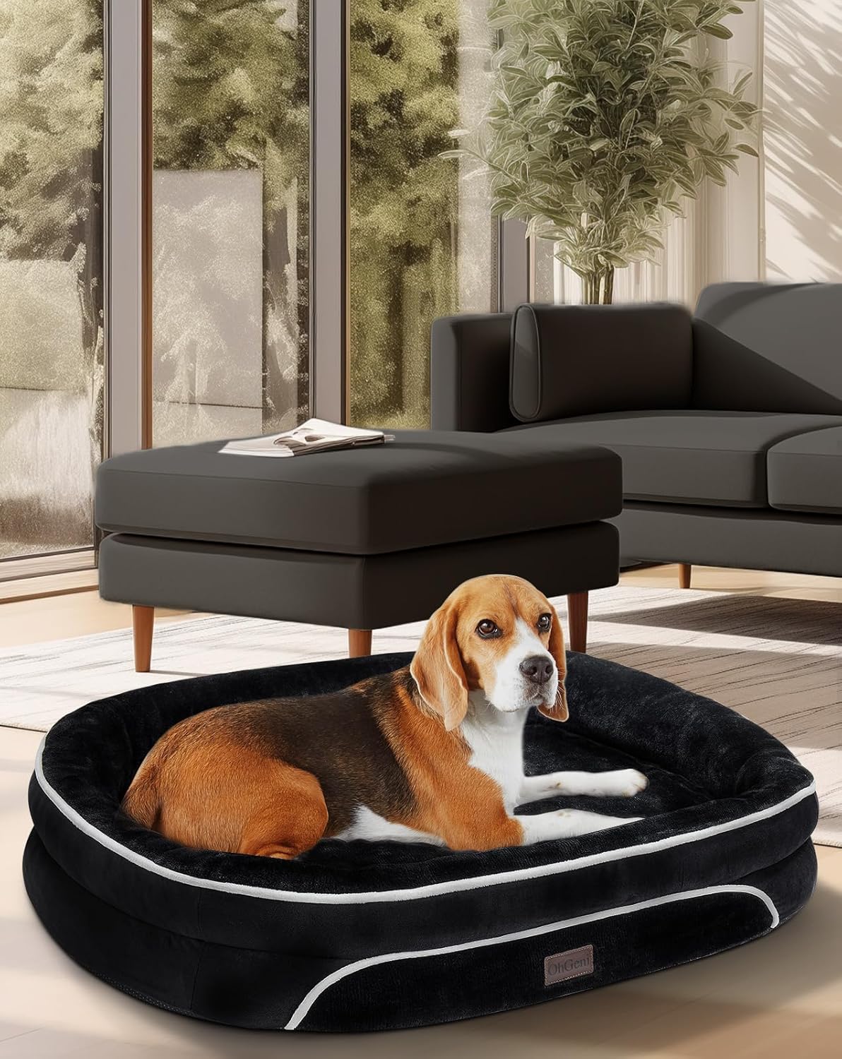 OhGeni Orthopedic Dog Couch Pet Sofa Large Sized Cat Beds Mom Gifts for Christmas with Comfort Foam Support, Soft Comfortable Fabric, Machine Washable Waterproof Removable Cover, 35-Inch (Black) Large (35 x 28 x 6 Inch) 03-Black