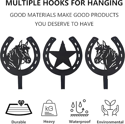 Miniatura 3 de 3 ganchos de cabeza de caballo de rancho rústico con forma de estrella de caballo, ganchos para llaves, ganchos de herradura para toalla, gancho