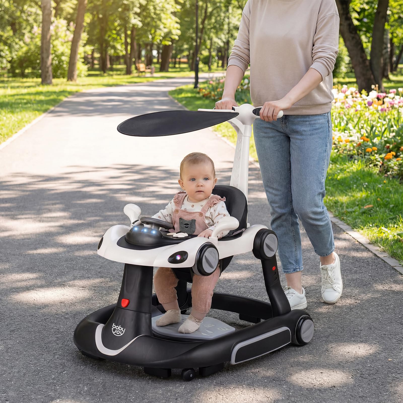LIFEZEAL Trotteur avec Parasol pour Bébé, Trotteur 6-en-1 avec Lumières, Musique, Centre de Jeux et Plateau, Chariot de Marche à Hauteur et Vitesse Réglables pour Bébé 7 à 18 mois (Noir) - 2
