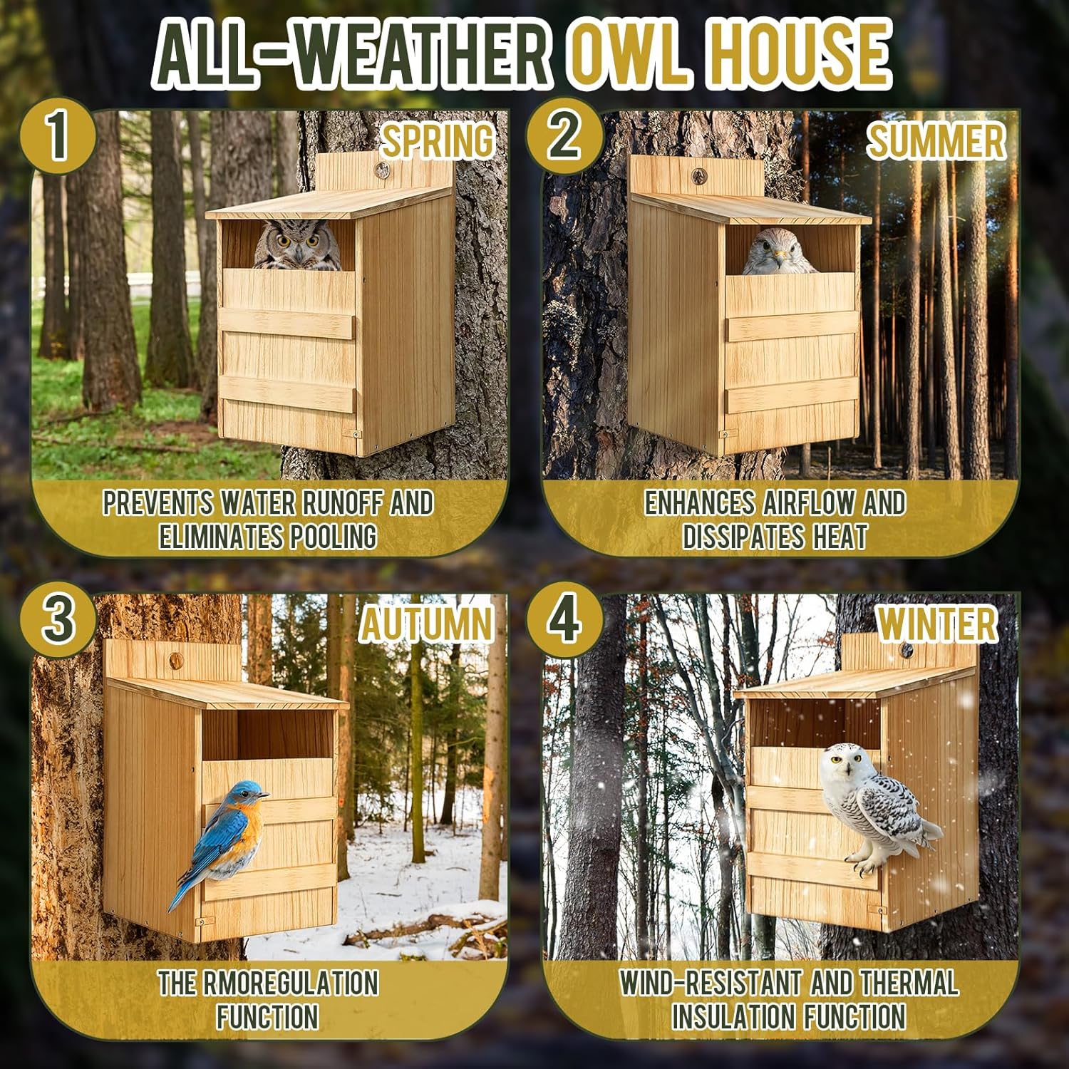 2 Pack Large Squirrel House Screech Owl Nesting Box Kit for Outside 15.4 x 10.5 x 9'' Carbonized Wooden Bird House Opening Easy Assemble Easter Shelter Gift with Water Bowl Wood Shavings Tool