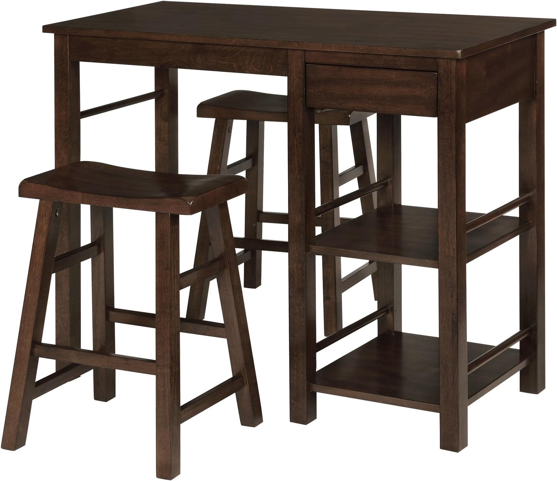 eHemcoCounter Height Dining Set Breakfast Table with Storage Shelves and 2 Saddle Seat Barstools, Walnut, 3 Pieces