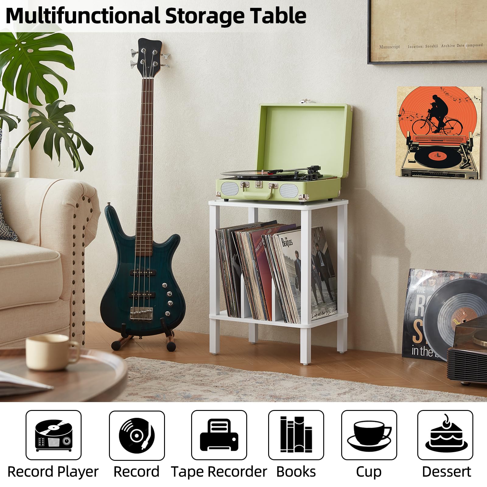 LELELINKY Supporto per giradischi in bambù a 2 livelli, con custodia per dischi vinile fino a 100 album, portadischi in stile boho per la camera da letto e tavolino multifunzione,Bianco