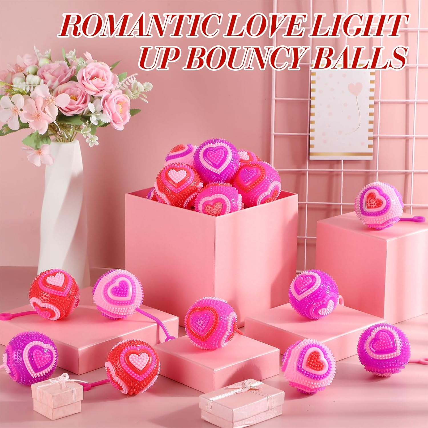Sotiff 60 Pcs Valentines Light up Rubber Balls LED Spiky Squeaky Ball Sensory Bouncy Stress Ball for Valentine's Day Exchange Goodie Bag Gifts Wedding Carnival Prize Class Party Favors
