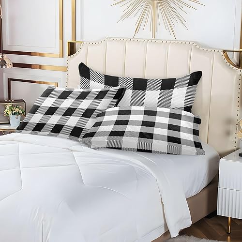 Miniatura 6 de Funda de almohada de lana cuadriculada blanca y negra, fundas de almohada de tamaño Queen agradables a la piel, funda de almohada con cremallera, 4