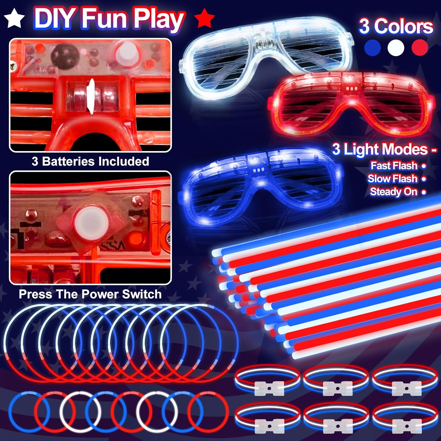 248 Pcs 4th of July Light Up Party Favors, 24 Red White Blue Glasses 200 Patriotic Glow Sticks Bulk with Connectors Glow in the Dark Party Supplies 250th Anniversary USA,Independence Day Decor