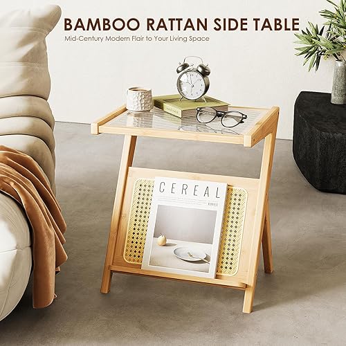 Miniatura 7 de Bamworld Mesa auxiliar de ratán, mesa de noche bohemia de cristal, mesita de noche pequeña, mesa auxiliar de bambú para dormitorio con