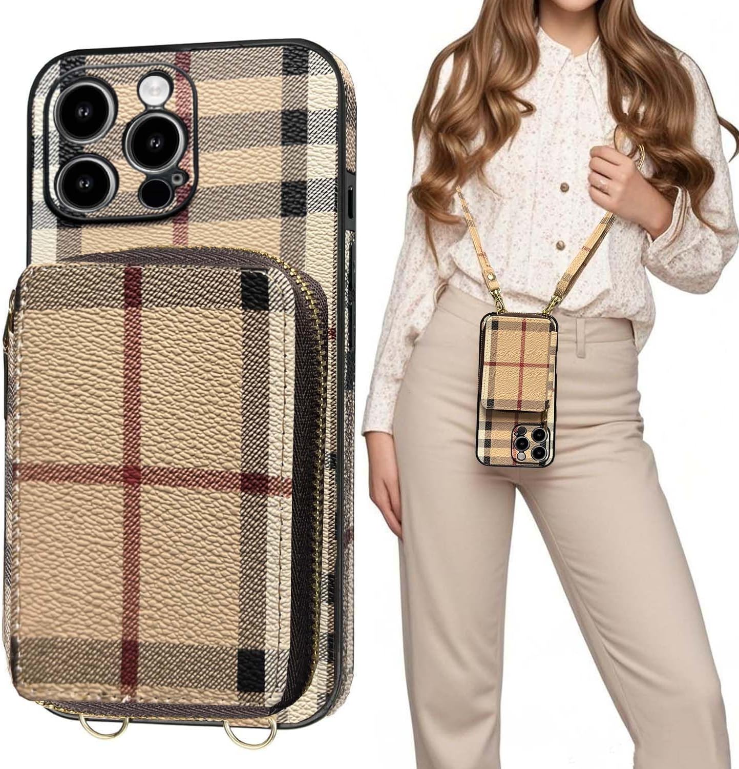 Compatible with iPhone 16 Pro Max Wallet Case with Card Holder, Luxury Classic Leather Zipper Crossbody Lanyard Flip Cash Phone Purse Cover for Women 5G 6.9 Inch Khaki