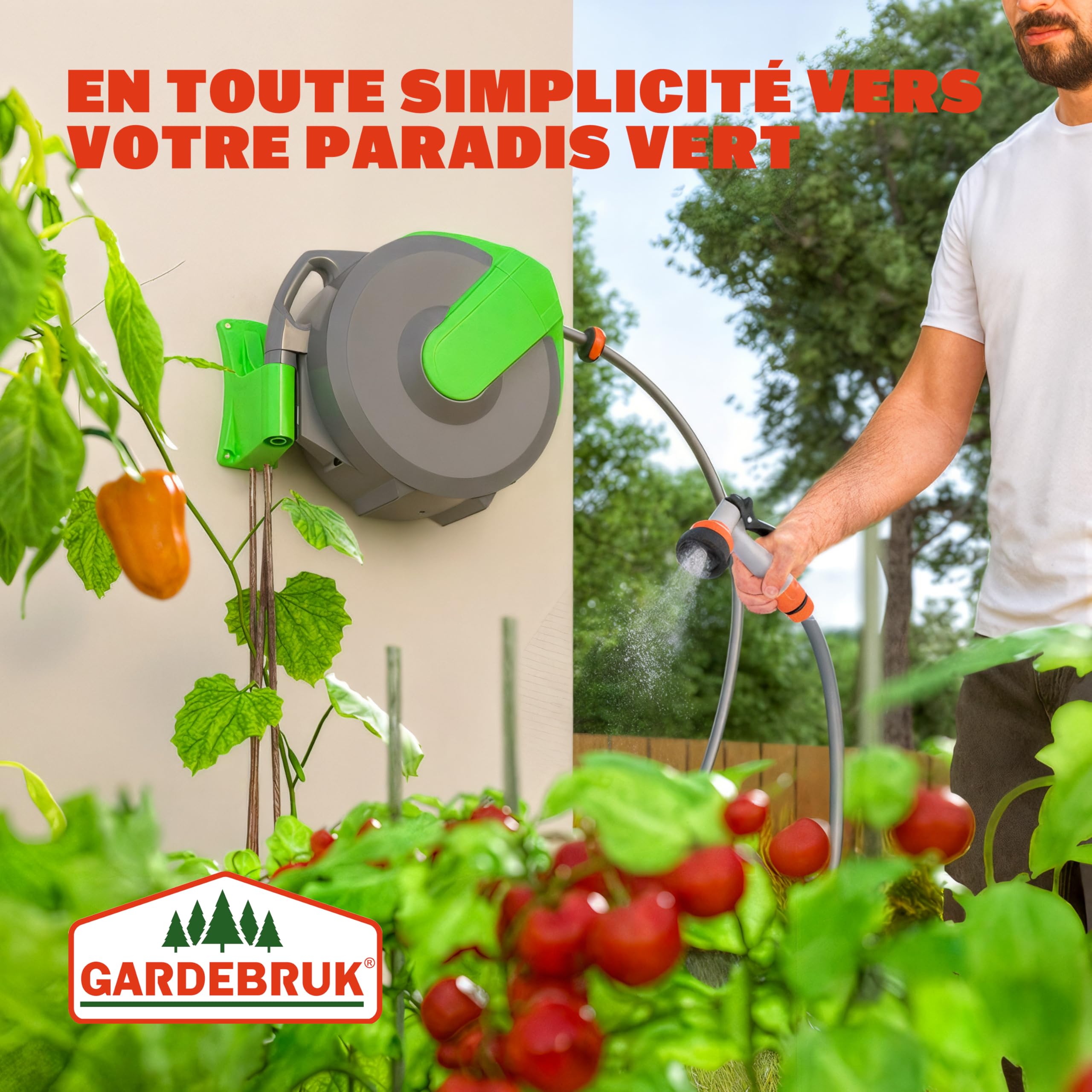GARDEBRUK® Dévidoir enrouleur de tuyau d'arrosage automatique 20m + 2m support mural 1/2' buse multijet 7 fonctions enrouleur arrosage jardin