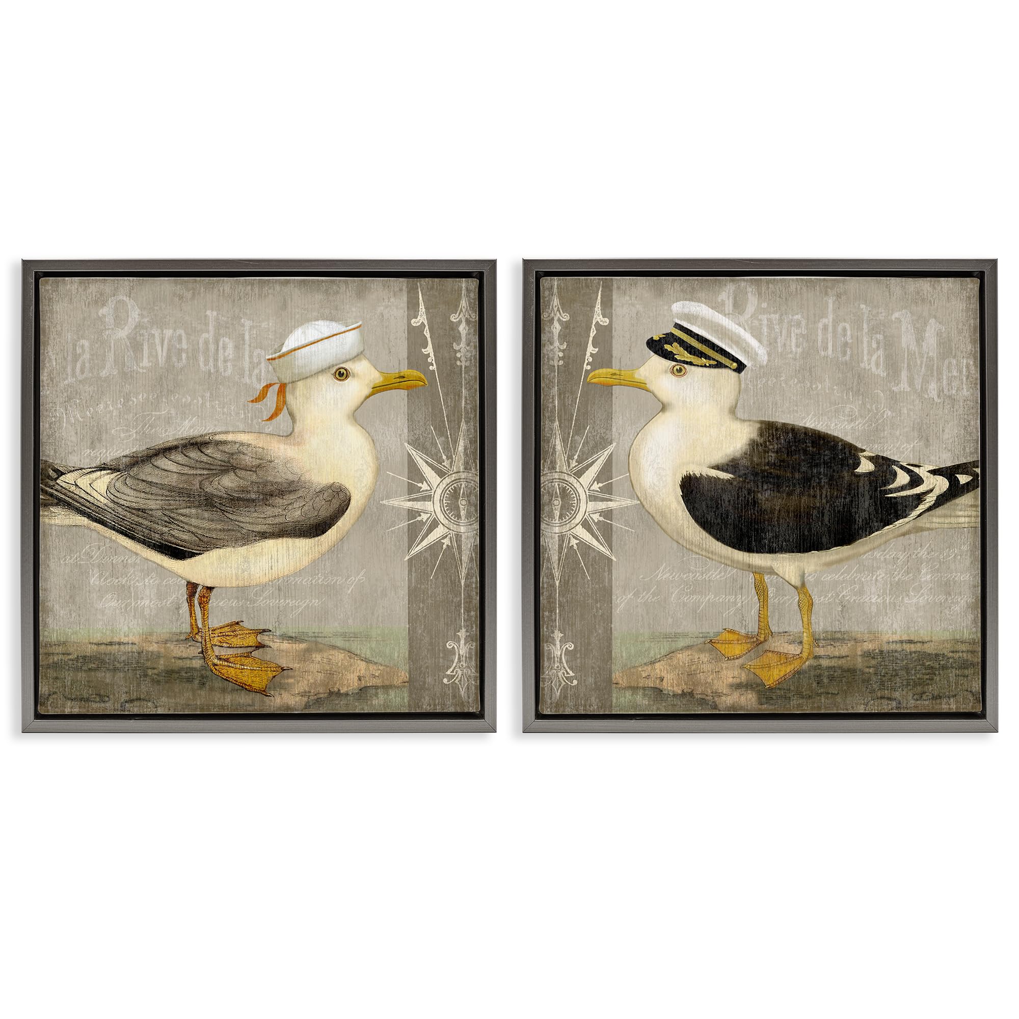 Stupell Industries 'Little Seagulls with Hats', 2pc Floating Frame Art Set 2, Gray, 25 x 25 Inches, Easy to Hang and Sturdy, Made in USA, by Suzanne Nicoll