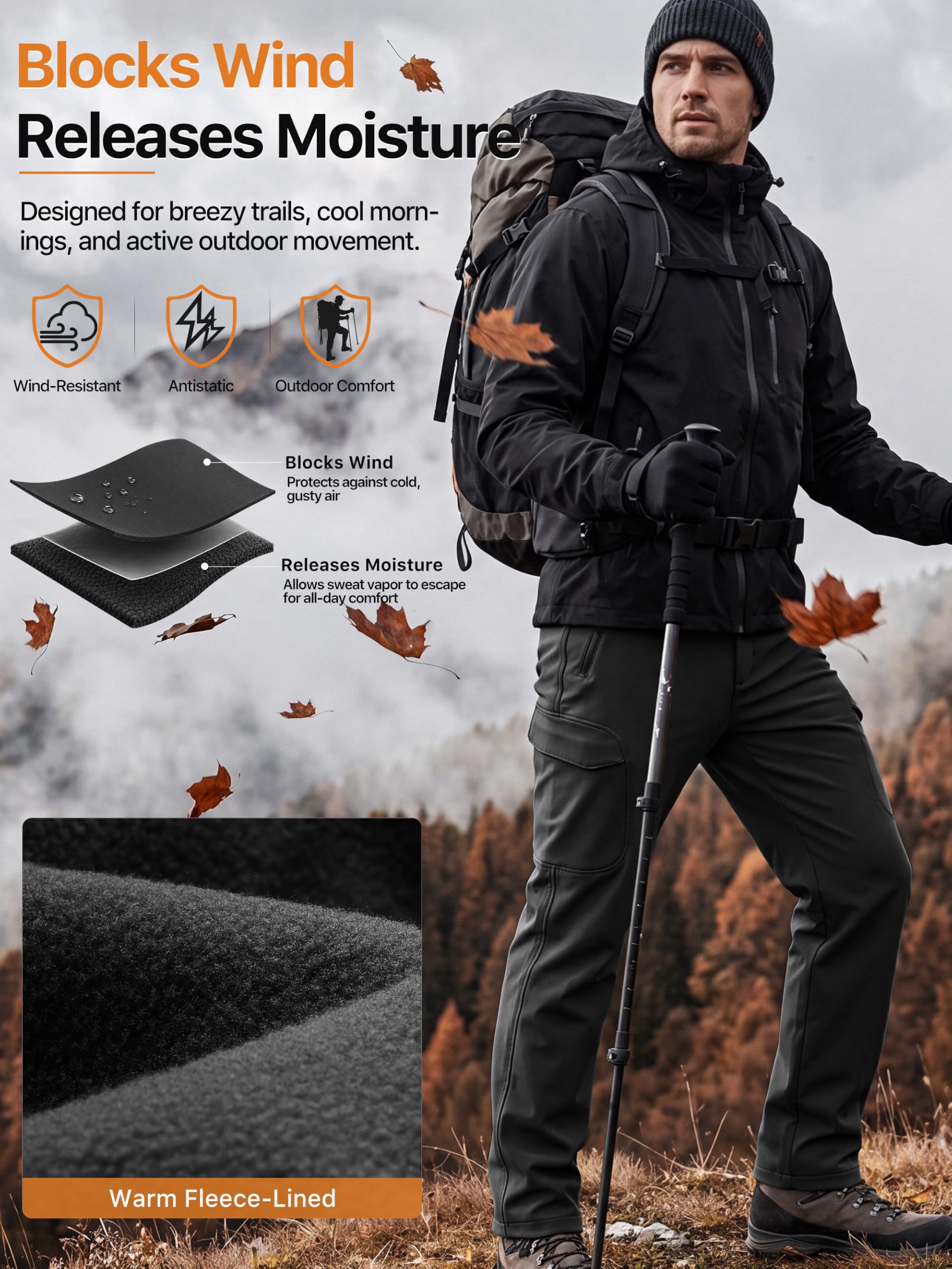 Free Soldier, pantaloni cargo da uomo in softshell foderati in pile da neve e trekking (nero A-Regular 40W x 30L)