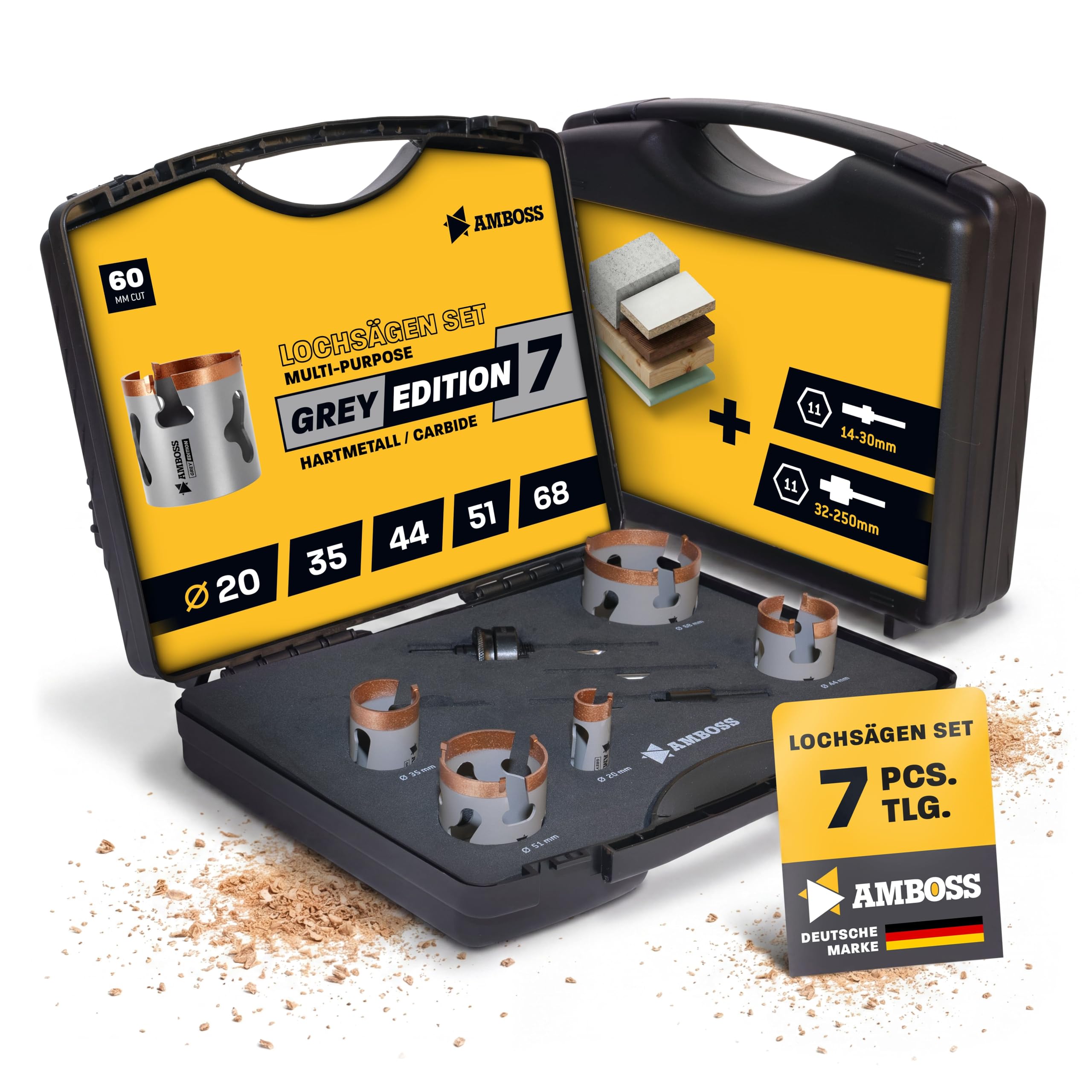Juego de 7 sierras de corona HM carburo Amboss Werkzeuge Grey Edition 20 – 83 mm – Precisas para madera, placas de yeso y placas – Easy Eject, 5 veces más rápido que el bimetal, larga duración