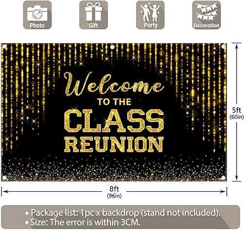 Miniatura 3 de Telón de fondo dorado de 96 x 60 pulgadas con texto en inglés "Welcome to the Class Reunion 20th 30th 40th Reunion Fotografía Fondo de Fiesta