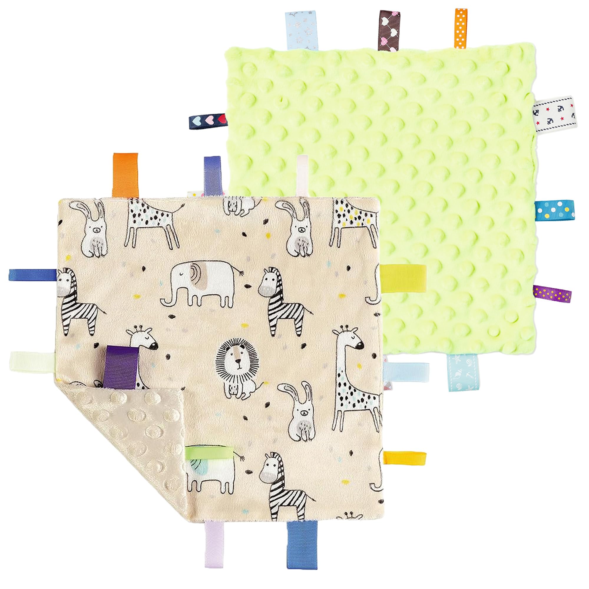CREVENT Tag Security Blankets for Babies, Soft Small Loveys for Boys, Baby Comforter Sensory Blanket, Great Gifts for Birthday Baby Shower - 10"X10" Green + Zoo