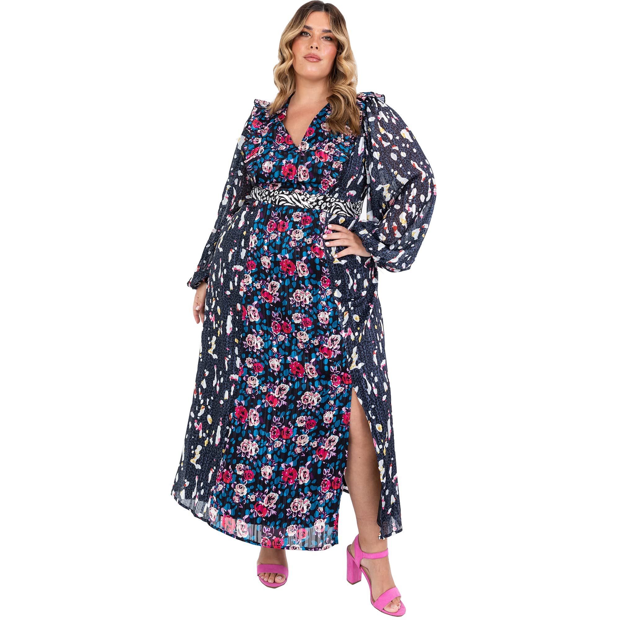 Lovedrobe Plus Size Maxi Dress for Women Ladies with Pockets Long Baloon Sleeve Slit High Waist Curve Everyday Keyhole Flowers Size 26