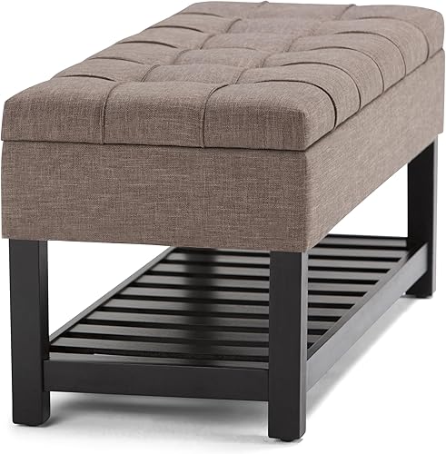 Miniatura 21 de SIMPLIHOME Saxon - Banco otomano rectangular de transición de 43 pulgadas de ancho en tela de aspecto de lino gris paloma, montado para la sala de