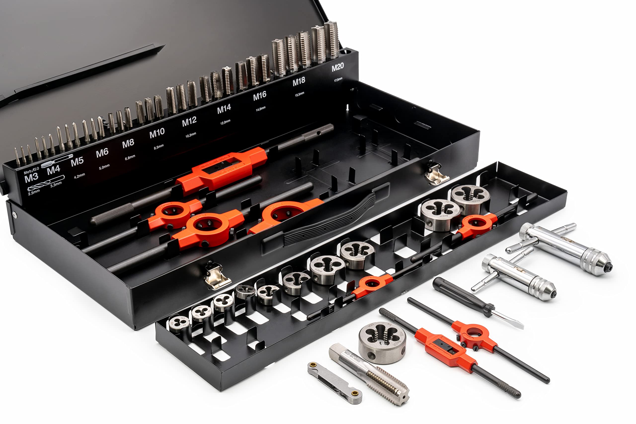 BAER Gewindeschneider Set M3 - M20 HSS DIN352 - Handgewindebohrer - Schneideisen - Windeisen - Schneideisenhalter - Gewindeschneiderset - Gewindebohrersatz