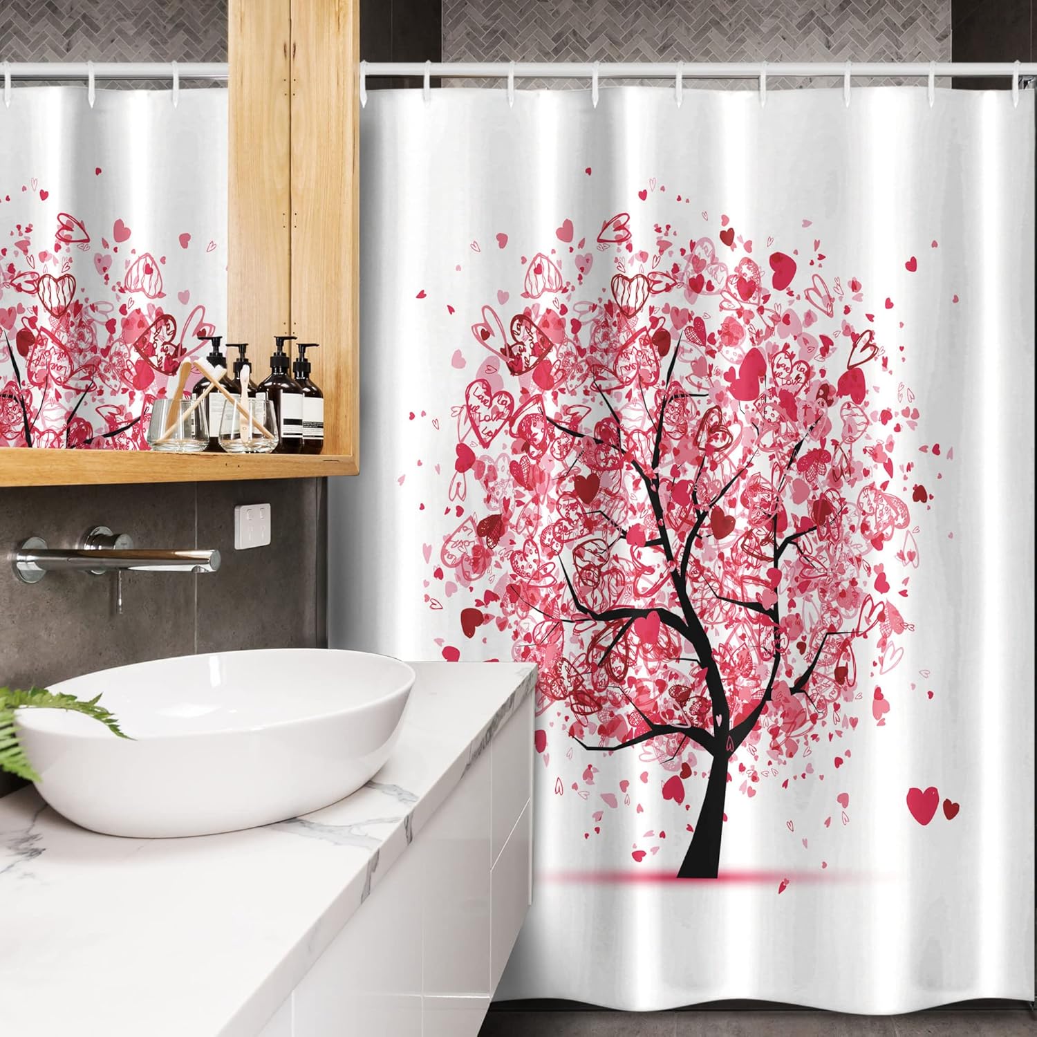 Tree of Life shower-curtain-sets by Ambesonne, Ornate Valentine Tree with Swirled Hearts and Doodles In Love Future Couple, Fabric Bathroom Decor Set with Hooks, 54 W x 78 L Inches, Pink White
