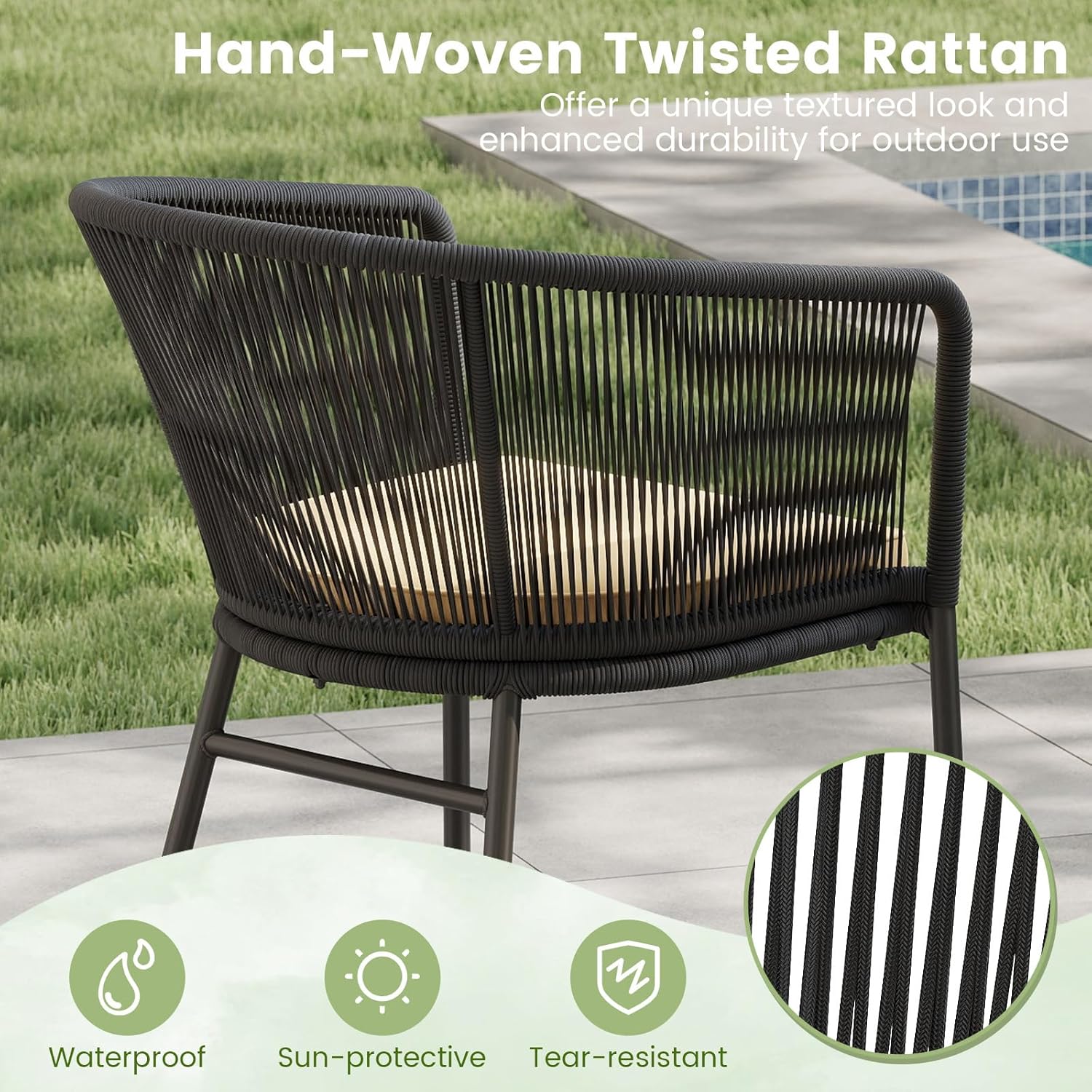 Tangkula Patio Chairs Set of 4, Outdoor Accent Chairs with Woven Rope Curved Backrest & Armrests, Seat Cushion, Adjustable Foot Pads, Modern Dining Chair for Dining Room, Patio, Backyard, Black