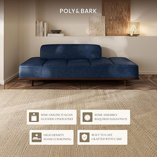 Miniatura 5 de POLY & BARK Jasper Daybed  Azul medianoche  Tapicería de cuero semidanilina de grano completo  Marco de madera de fresno teñido de nuez, 6.6 pies