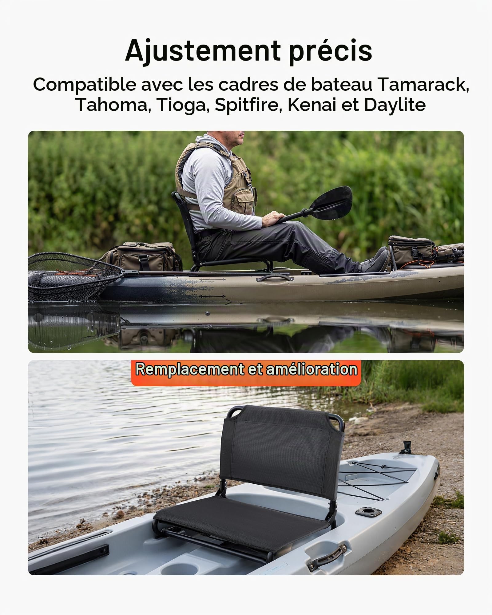 VEVOR Siège de Kayak Pliable avec Dossier, Dosseret SUP Pliable, Cadre en Alliage d'Aluminium et Tissu Oxford 600D, pour Paddle, Planche à Pagaie, Canoë Gonflable, Pêche, Kayak de Loisirs, Noir