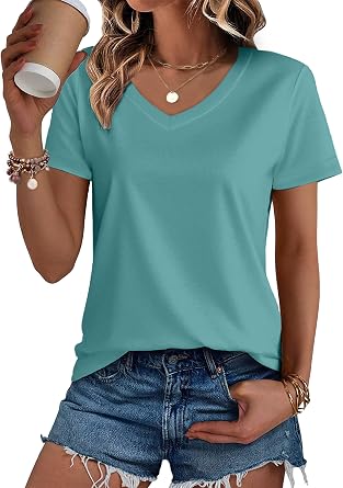 SMENG Womens Cotton V Neck T-Shirt Short Sleeve Solid Color Tee Casual Fit Tee Breathable Summer Fashion Tops