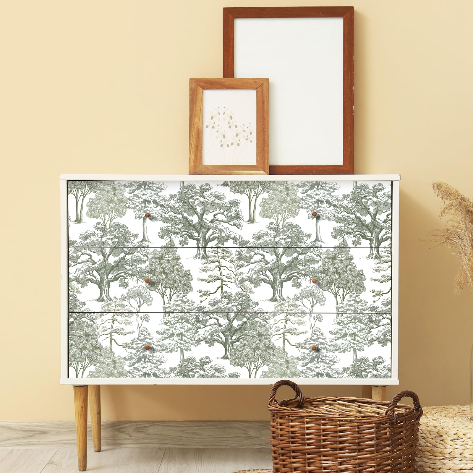 Livelynine Carta da Parati Toile de Jouy Verde Grigio Chiaro 44.5CMx7M Carta Adesiva per Pareti disegni Fantasia Bosco Alberi Grigio Bianco Rivestimento Adesivo per Mobili Fantasia Foresta Piante