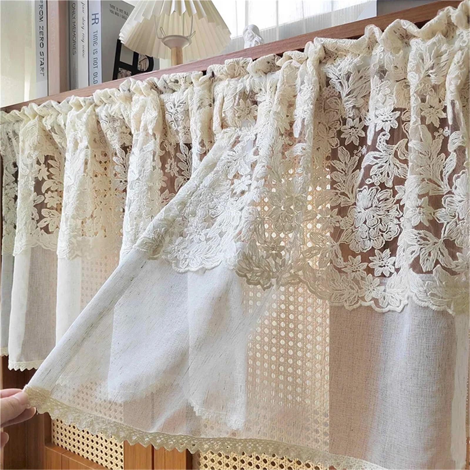 Tende Per Finestre Piccole Tenda corta trasparente con ricamo floreale romantico, in pizzo beige retrò, for soggiorno, camera da letto, mobile cucina(W100 x H90cm 1Piece)