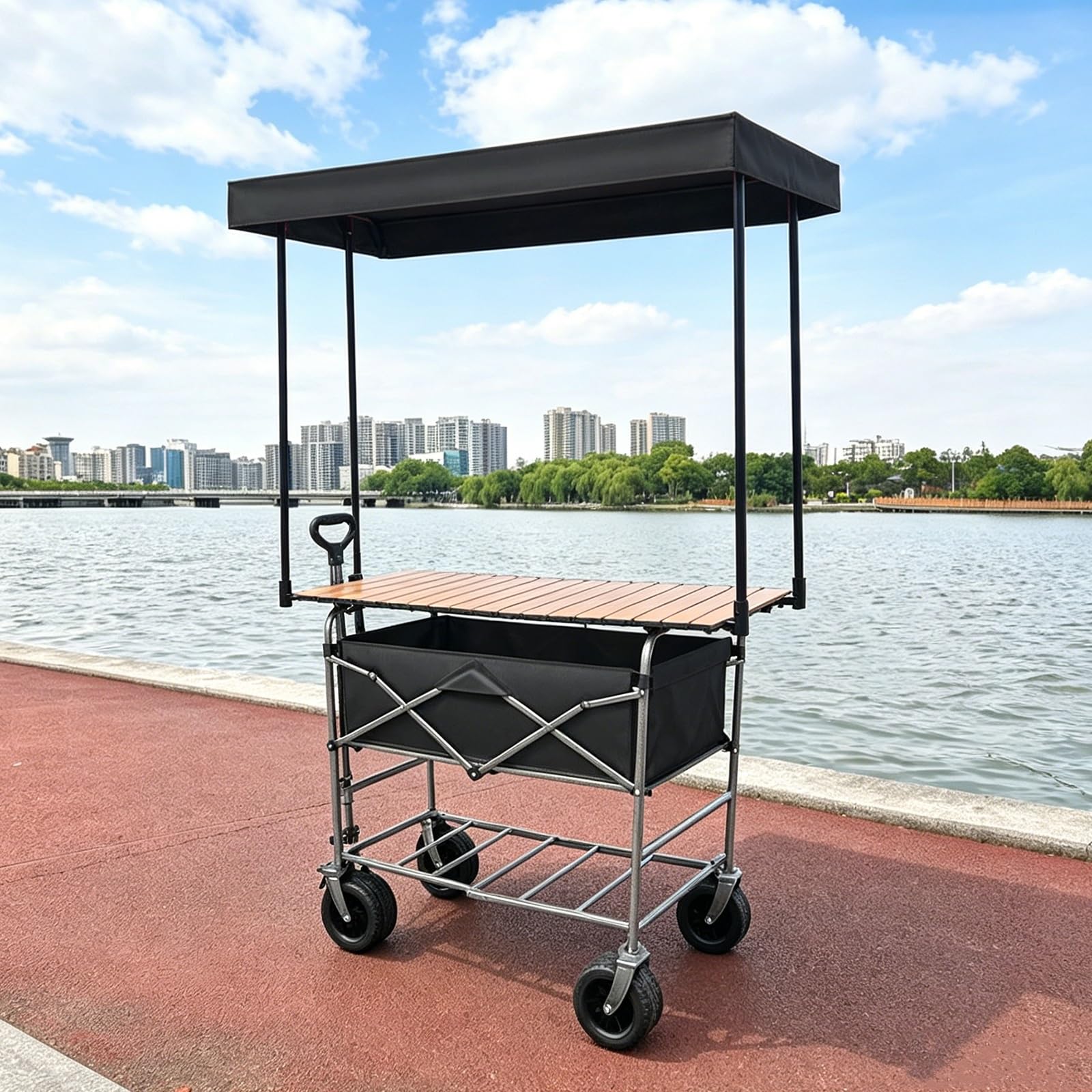 Carretto Mobile per La Vendita di Cibo con Tettoia, Bancarelle per Mercati Agricoli All'aperto, Stand Espositivi Portatili, per Mercati, Fiere Ed Eventi | Black,94cm/37in