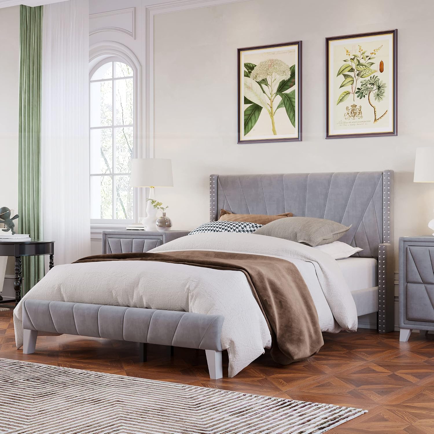 Bedroom Fruniture Sets, Contemporary 3 Pieces Full Bedroom Set, Velvet Upholstered Full Size Bed Frame and 2 Nightstand (Gray Full Bed, 3 Piece)