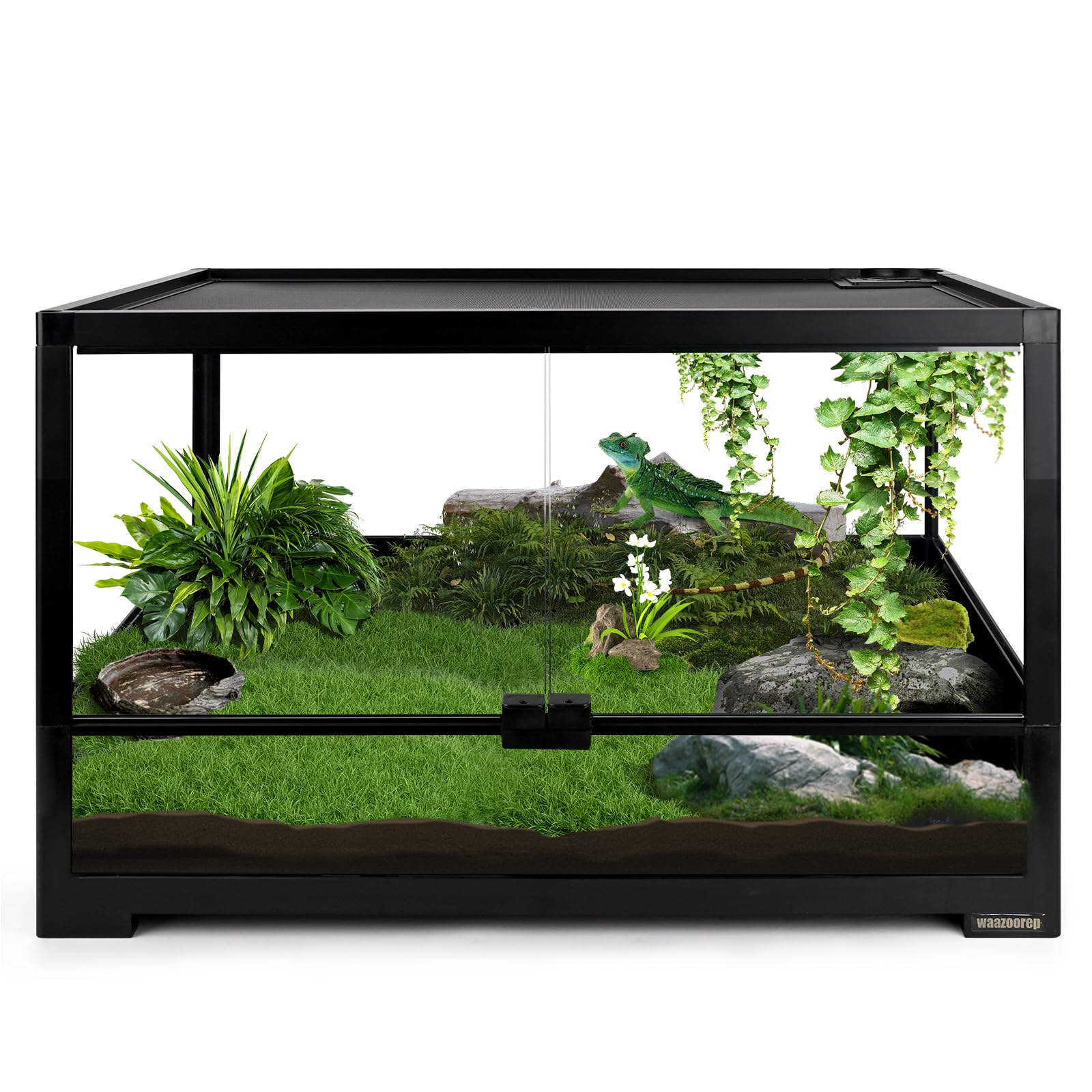 Terrario de vidrio para reptiles de 23 galones, 24 x 18 x 12.6 pulgadas, caja de jaula con doble puerta de apertura frontal y ventilación de pantalla superior para dragón barbudo, camaleón,