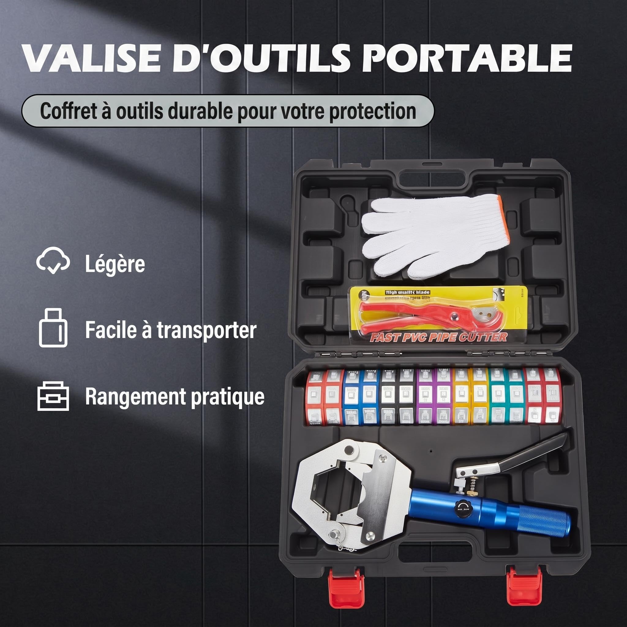 Garvee Presse à sertir hydraulique manuelle pour tuyaux AC – Kit complet avec 7 matrices – Outil main séparable pour réparation climatisation – Compatible raccords barbelés et Beaded – Inclus ciseaux