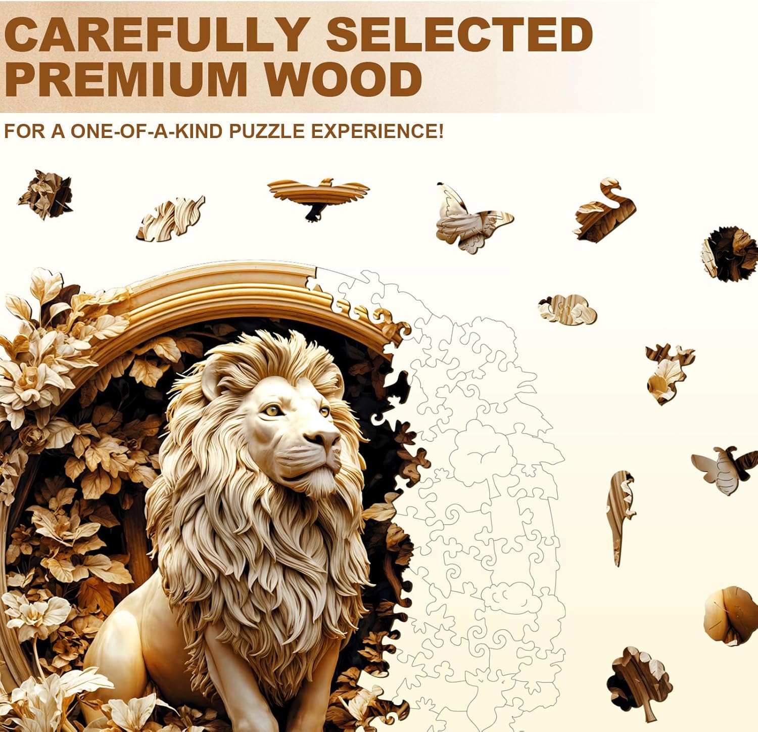 Wooden Puzzles for Adults, Forest Lion Wooden Jigsaw Puzzle 3D Visual Effect Unique Shape Animal Wood Puzzles Adult, Birthday Gifts for Puzzle Lovers (L-13.4 * 13.4in-275pcs)
