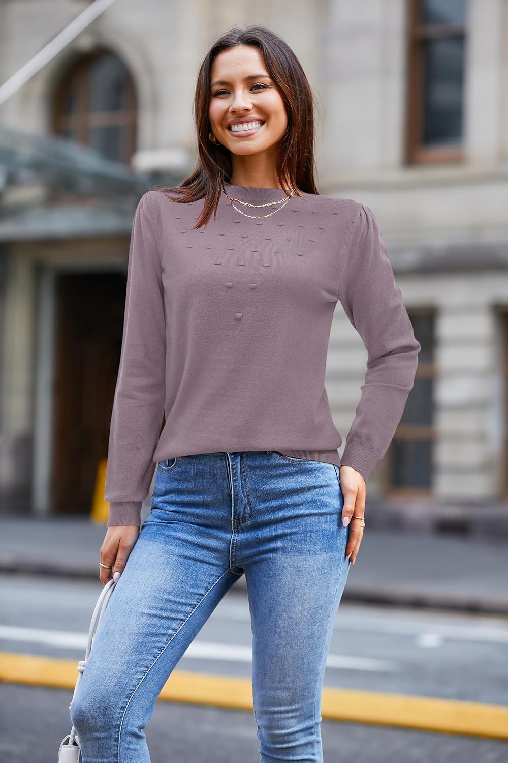 Arach&Cloz 2024 Fall Sweaters Long Puff Sleeve Tops Crew Neck Special Dots Trendy Casual Lightweight Pullover Clothes Outfits - Image 2