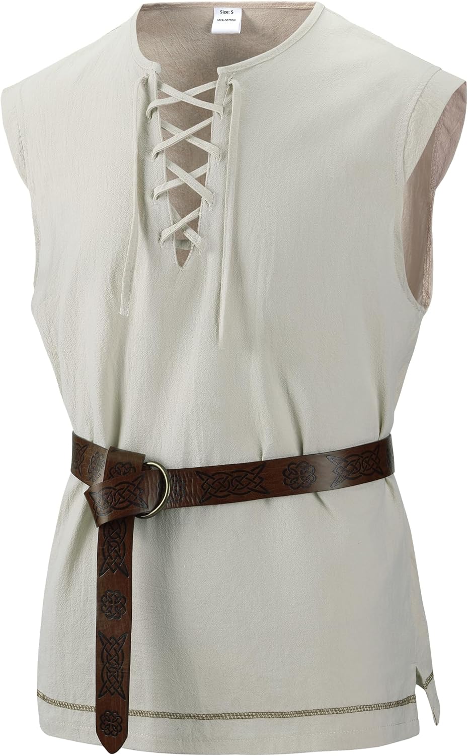 Mens Renaissance Shirts Sleeveless Cotton Lace up Shirts for Pirate Viking Medieval Cosplay Costume Without Belt