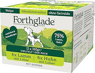 Forthglade Nassfutter für Hunde (Mixpaket, 12 x 395g Schalen) – getreidefreies Futter für Welpen von 2-12 Monaten mit Lamm und Leber & Huhn mit Gemüse, hypoallergenes Hundefutter product image