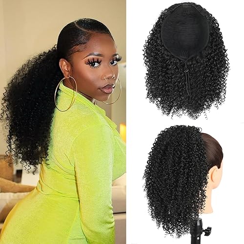 Cola de caballo corta rizada con cordón para mujeres negras, extensión de cola de caballo rizada afro, extensiones sintéticas de color negro natural