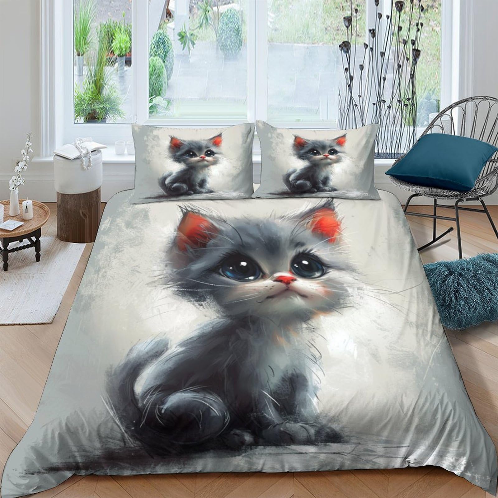 Parure de lit chat 3D double en microfibre respirante avec housse de couette et taies 200x200cm