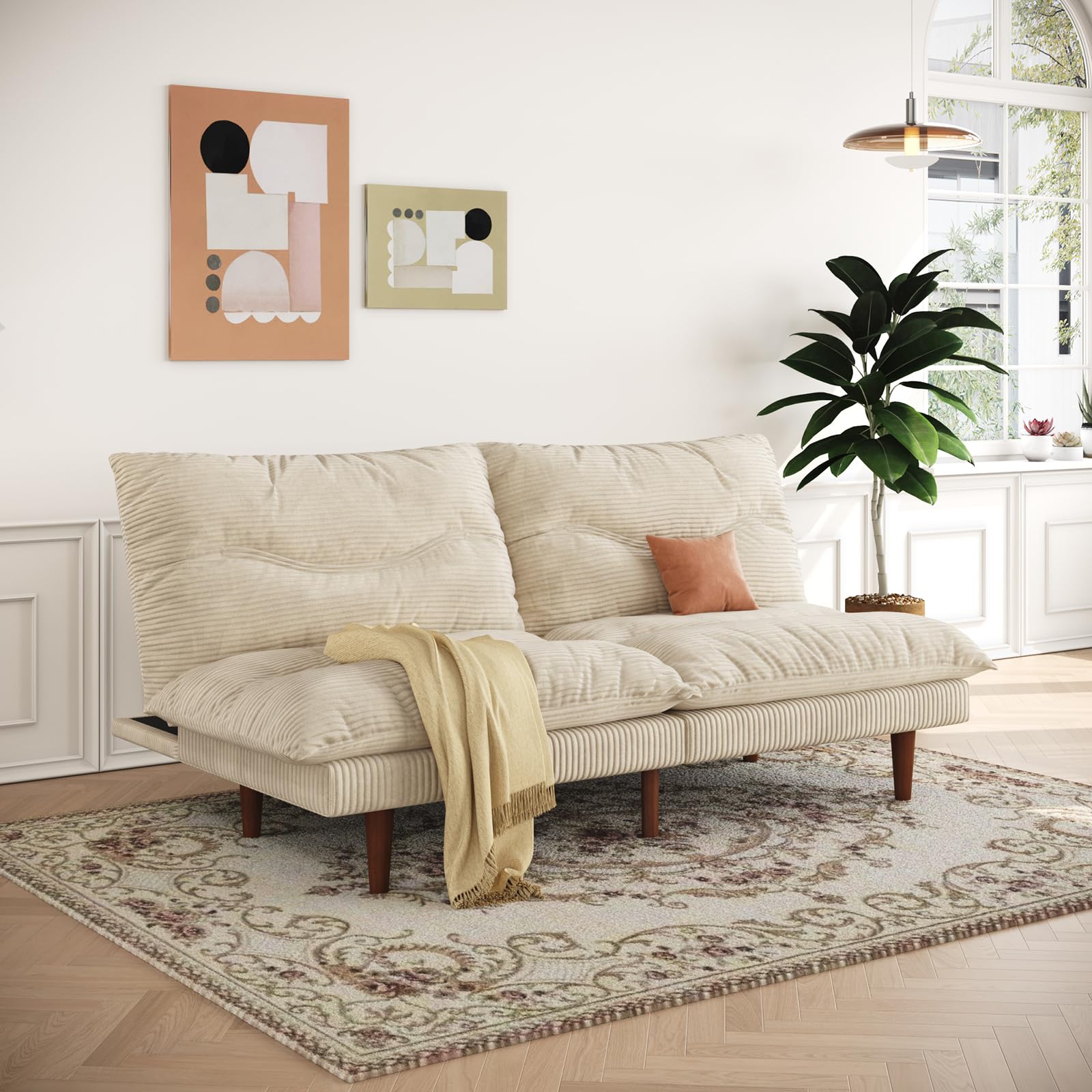 DreamDashio Futon Sofa Bed, 69'' Futon Couch with Adjustable Backrest, Folding Sleeper Recliner, Corduroy Convertible Sleeper Sofa Bed for Apartment, Living Room, Office, Beige