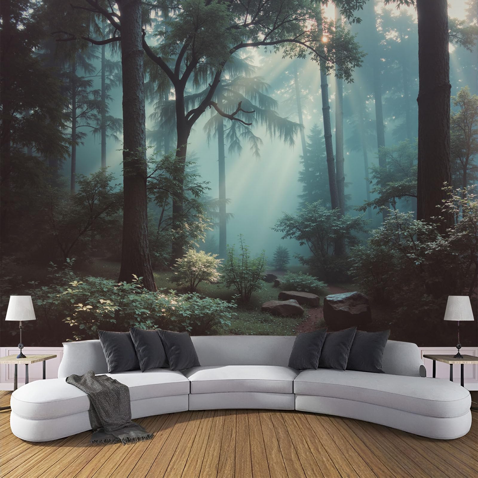 Papier peint panoramique forêt pour masquer les défauts d'un grand mur