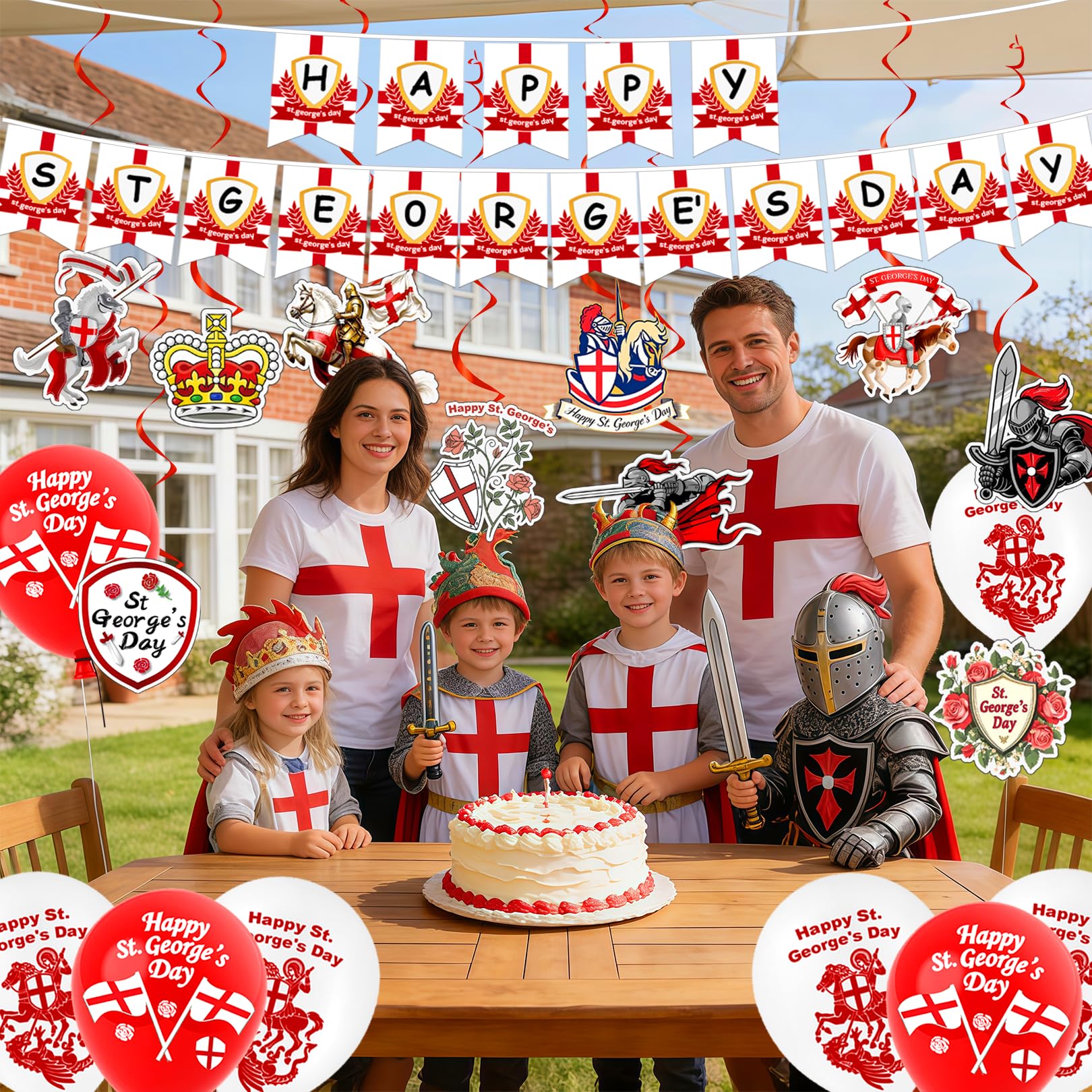 St Georges Day Decorations - Happy St. George's Day Banner, Swirls, Balloons for England National Backdrop Decorations — view 5
