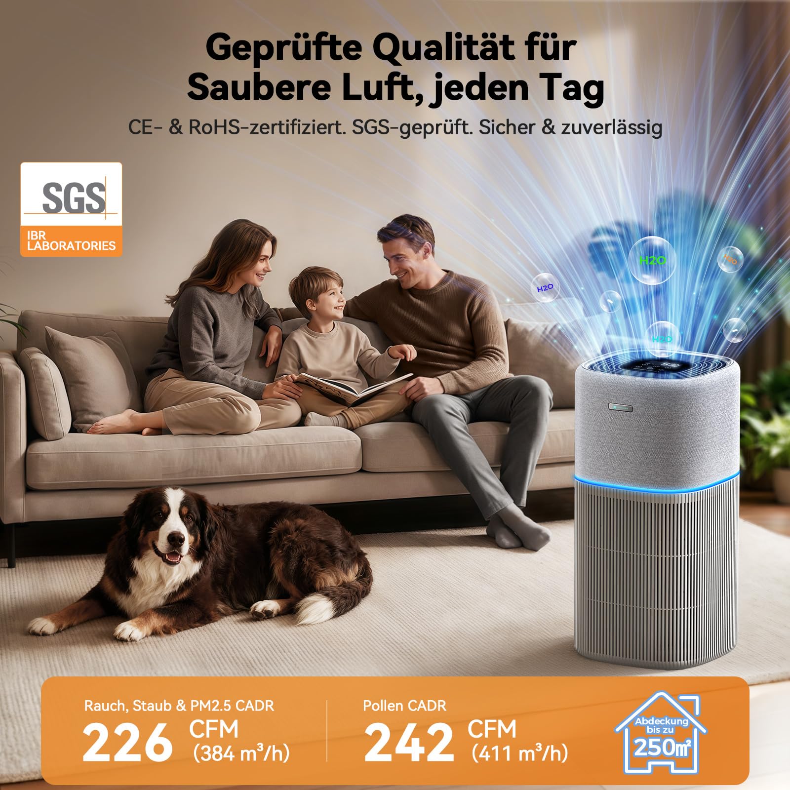Amicura P3 Inteligentny oczyszczacz powietrza do dużych pomieszczeń do 250 m² - oczyszczacz powietrza z filtrem H13 HEPA i węglem aktywnym, CADR 520 m³/h, monitorem jakości powietrza, aplikacją i
