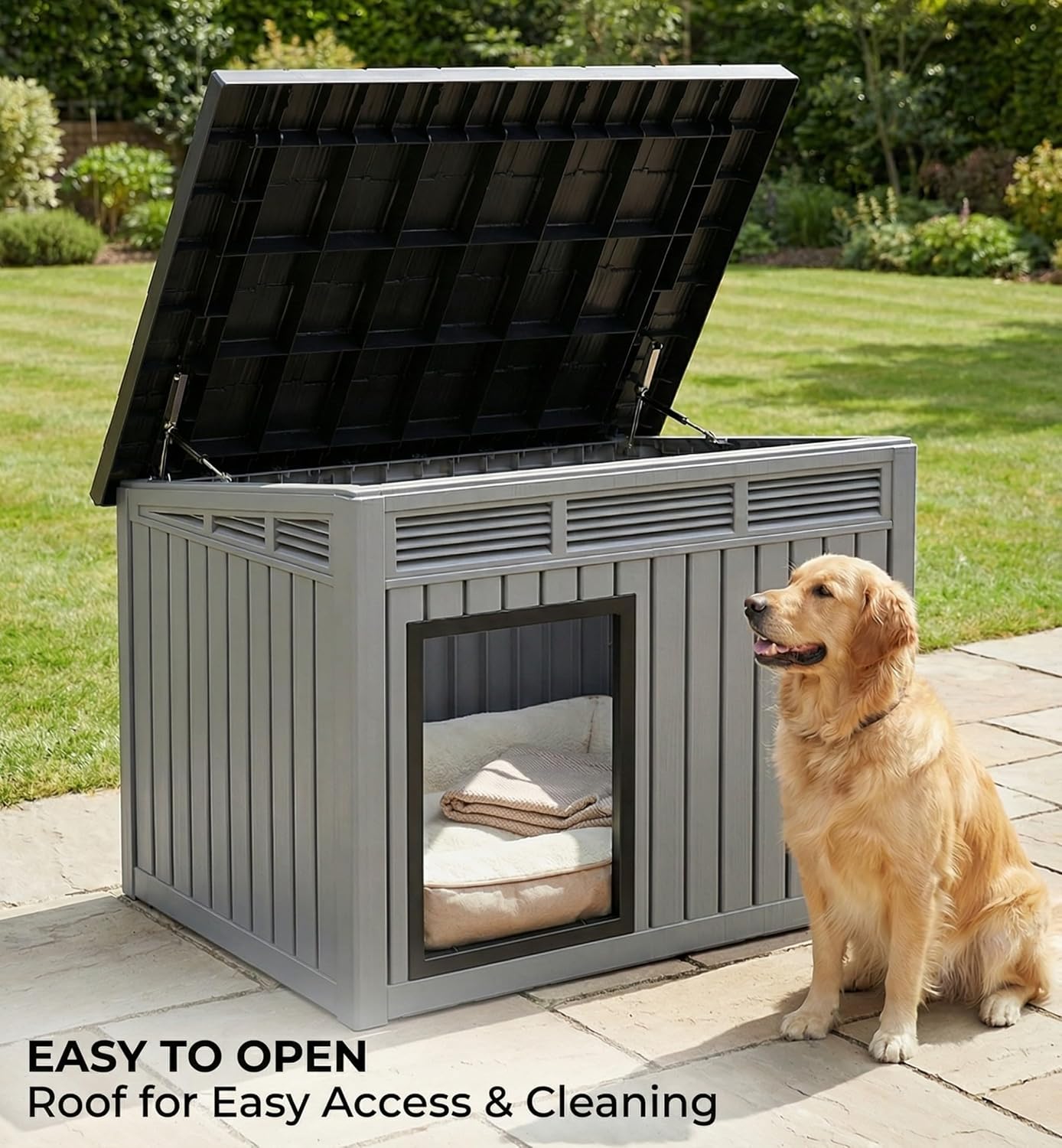 Large Dog House for Indoor & Outdoor Use, Weatherproof Resin Shelter with Removable Roof, Spacious Kennel for Medium to Large Dogs, Cats, and Pets (Grey, 42.5" L x 33" W x 31.6" H)